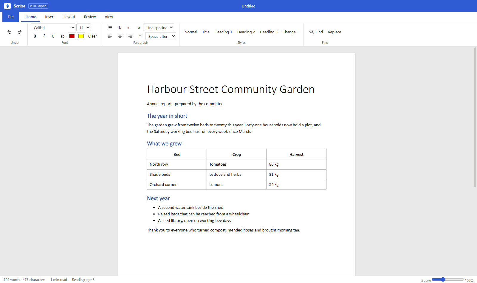 Scribe, the NylonLabs document editor, with a report open